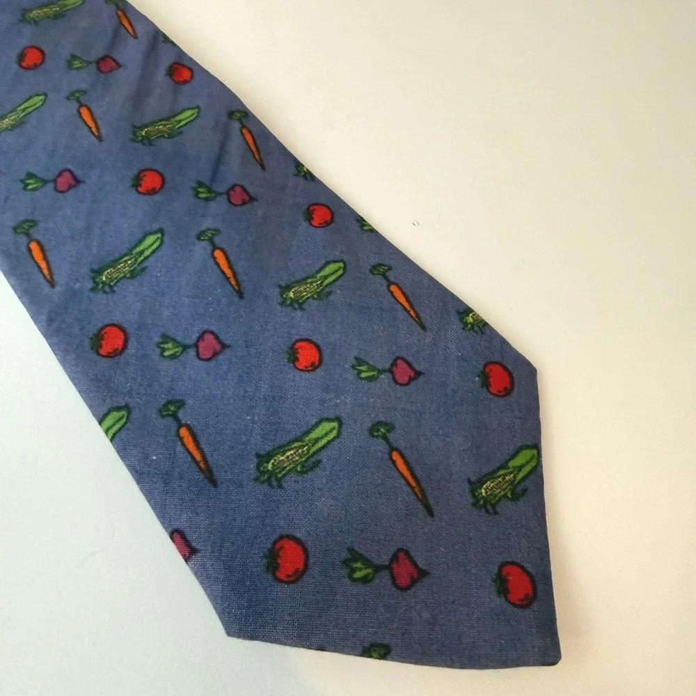 Schreter Mens Vintage Vegetable Garden Tie Blue Novelty Carrot Corn Tomato USA